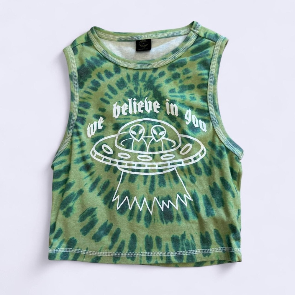 Urban Outfitters Green and White tie-dye UFO Tank Crop Top